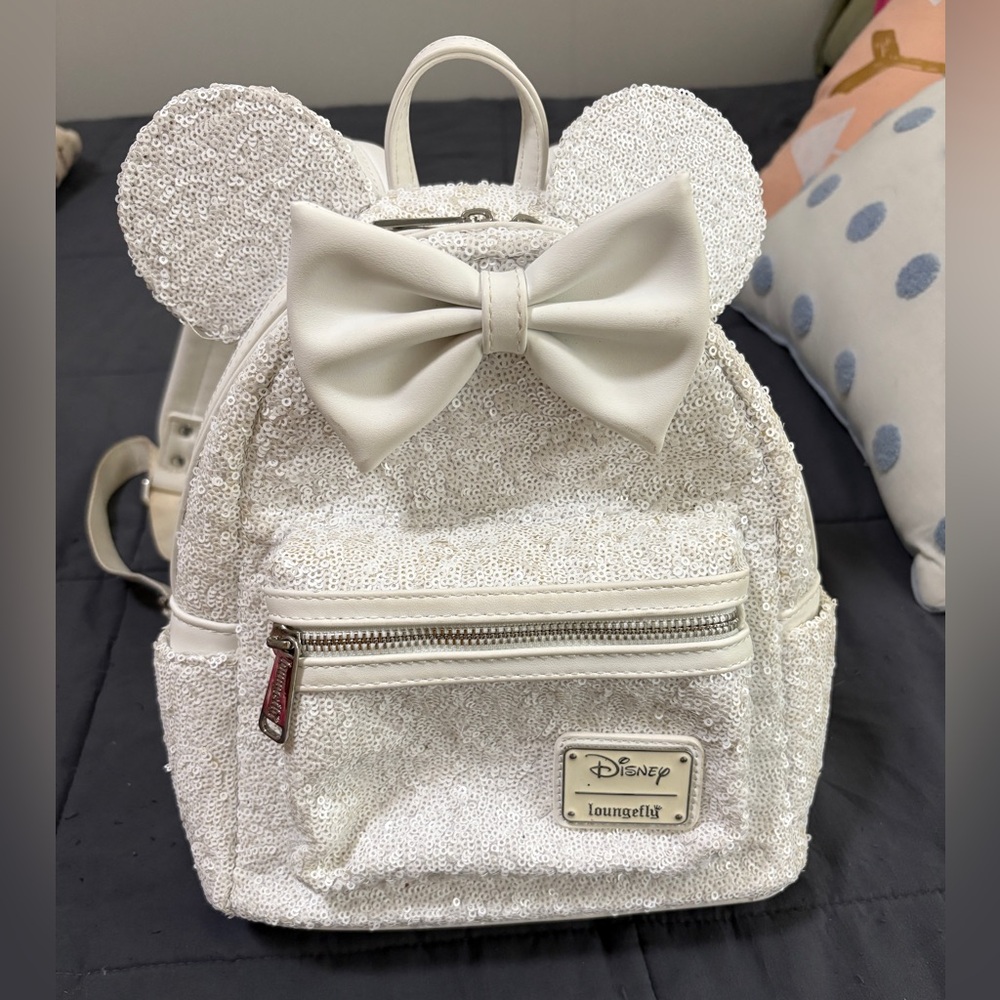 Loungefly White Sequin Minnie Ear Mini Backpack with Bow